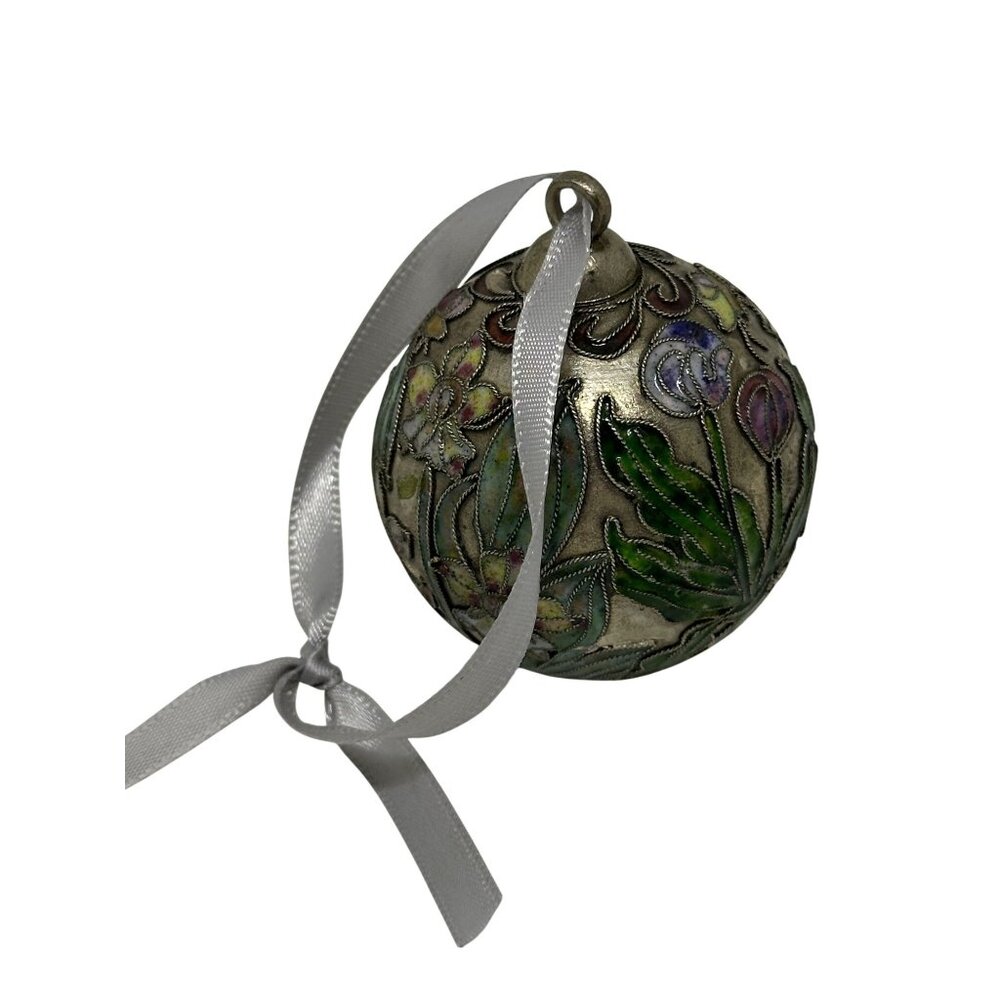 VTG Handcrafted Floral Cloisonne Ball Round Ornament Multicolor Ribbon Asian Art